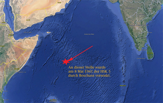 An dieser Stelle im Indischen Ozean wurde die Pinguin am 8. Mai 1941 versenkt. 