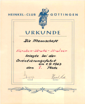 Urkunde 1. Platz. bei der Orientierungsfahrt in Göttingen 1963 