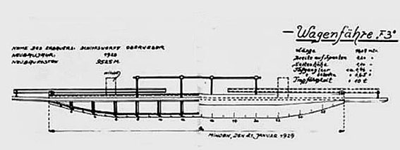 Zeichnung der Wagenfähre F3 in der Schiffswerft Oberweser 1929 