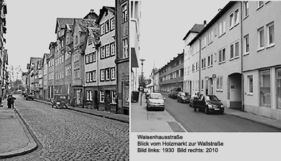 Zwei Bilder der Waisenhausstraße. Links von 1930, rechts von 2010 