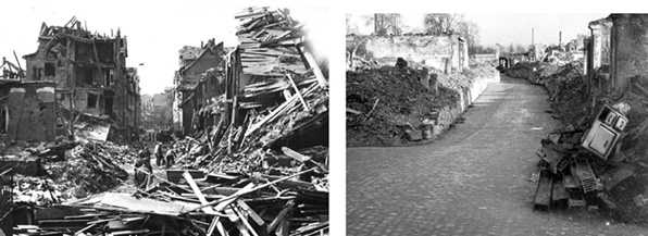 Waisenhausstraße,  Bild links: nach Bombenangriff 22. Oktober 1943, Bild rechts: Mai 1944 Straße ist wieder aufgeräumt