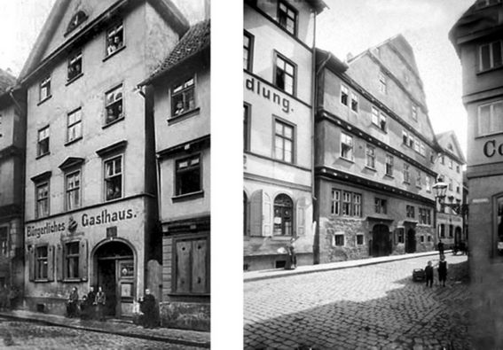 Bild links: Gasthaus Weißer Schwan Waisenhausstraße 16, Bild rechts: Haus Nummer 18-20 Pfarrhaus der Unterneustädter Gemeinde 