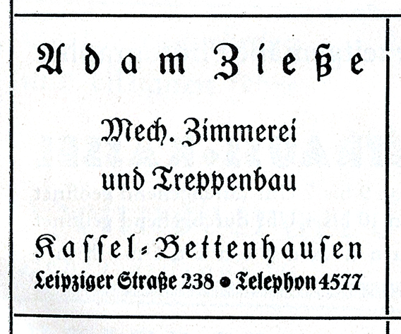 Werbung der Zimmerei A. Zieße in einer Broschüre von 1927 