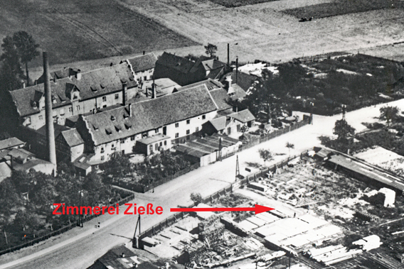 Das Firmengelände der Zimmerei Zieße auf einem Luftbildausschnitt von 1928