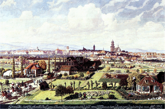 Blick auf Kassel von Osten über die Leipziger Landstraße, 1830 Bild von Ernst Metz 