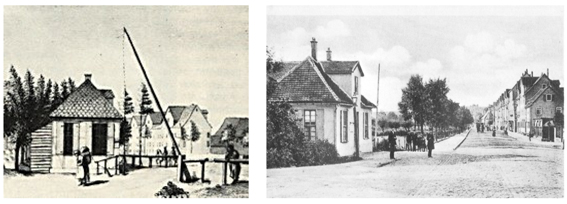 Zollhaus mit Schranke Bild links 1835 und Foto rechts 1890 im Hintergrund die Leipziger Vorstadt 