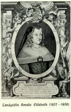 Zeigt ein Bild der älteren Landgräfin Amalie Elisabeth von Hanau-Münzenberg * 29. Januar 1602 in Hanau; † 8. August 1651 in Kassel 