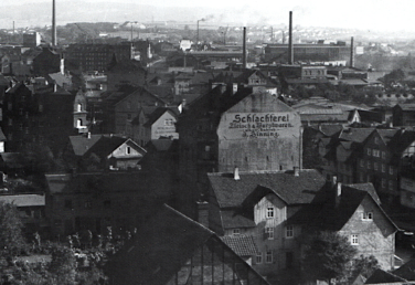 Alte schwarz weiß Fotografie von einer Schlachterei